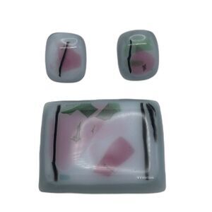 Vintage 80s Abstract Modernist Style Glass Artisan Brooch and Earrings Set